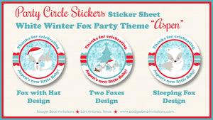 White Winter Fox Party Stickers Circle Baby Shower Sheet Round Christmas Boogie Bear Invitations Aspen Theme