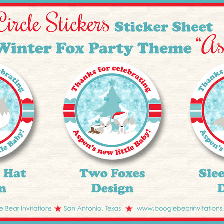White Winter Fox Party Stickers Circle Baby Shower Sheet Round Christmas Boogie Bear Invitations Aspen Theme
