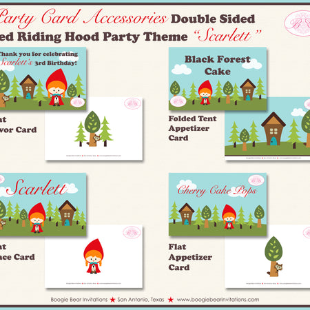 Red Riding Hood Birthday Party Favor Card Tent Appetizer Place Food Girl Boogie Bear Invitations Scarlett Theme Printed
