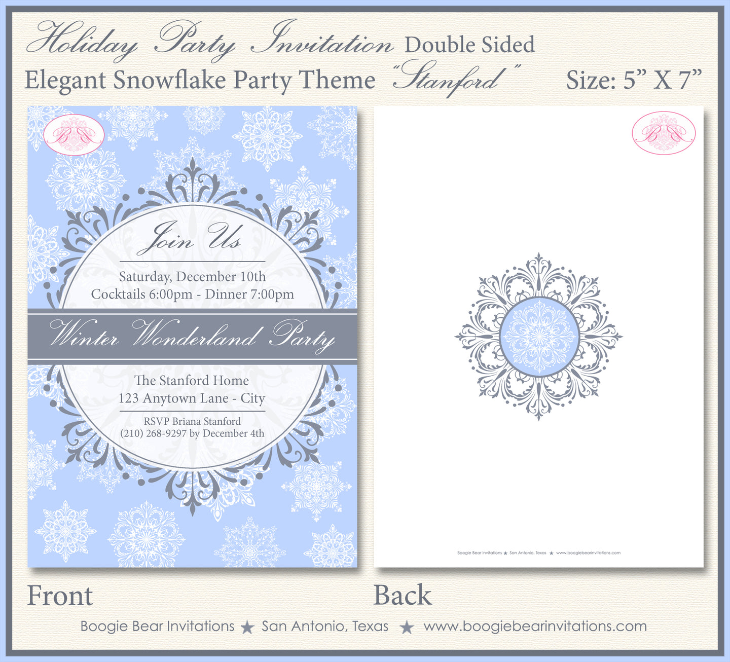 Snowflake Winter Party Invitation Elegant Christmas Grey Blue Wonderland Boogie Bear Invitations Stanford Theme Paperless Printable Printed