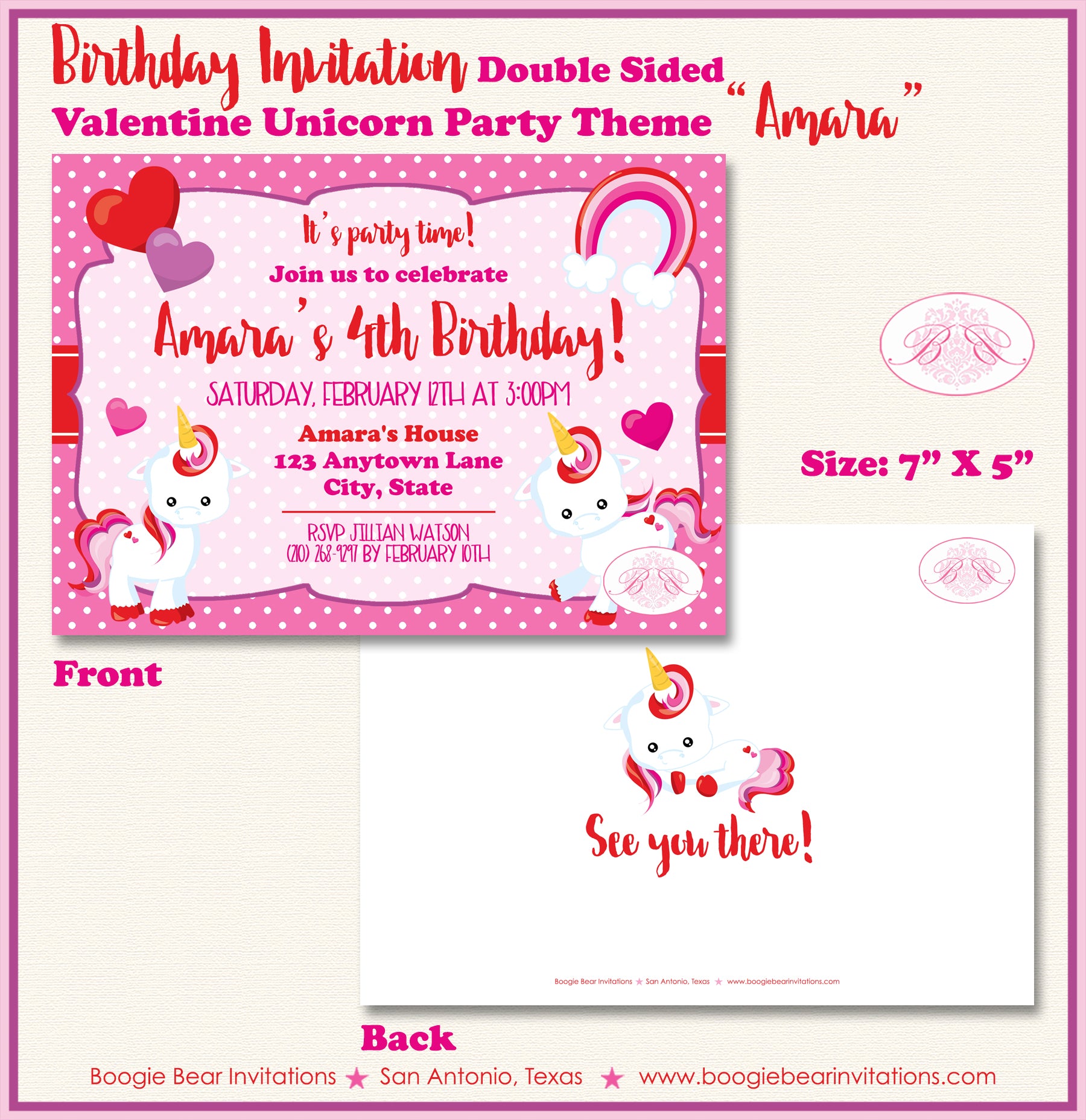 Valentine Unicorn Birthday Party Invitation Girl Pink Boogie Bear Invi –  Boogie Bear Invitations, image size:1800x1855
