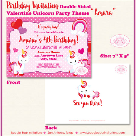 Valentine Unicorn Birthday Party Invitation Girl Pink Boogie Bear Invitations Amara Theme Paperless Printable Printed