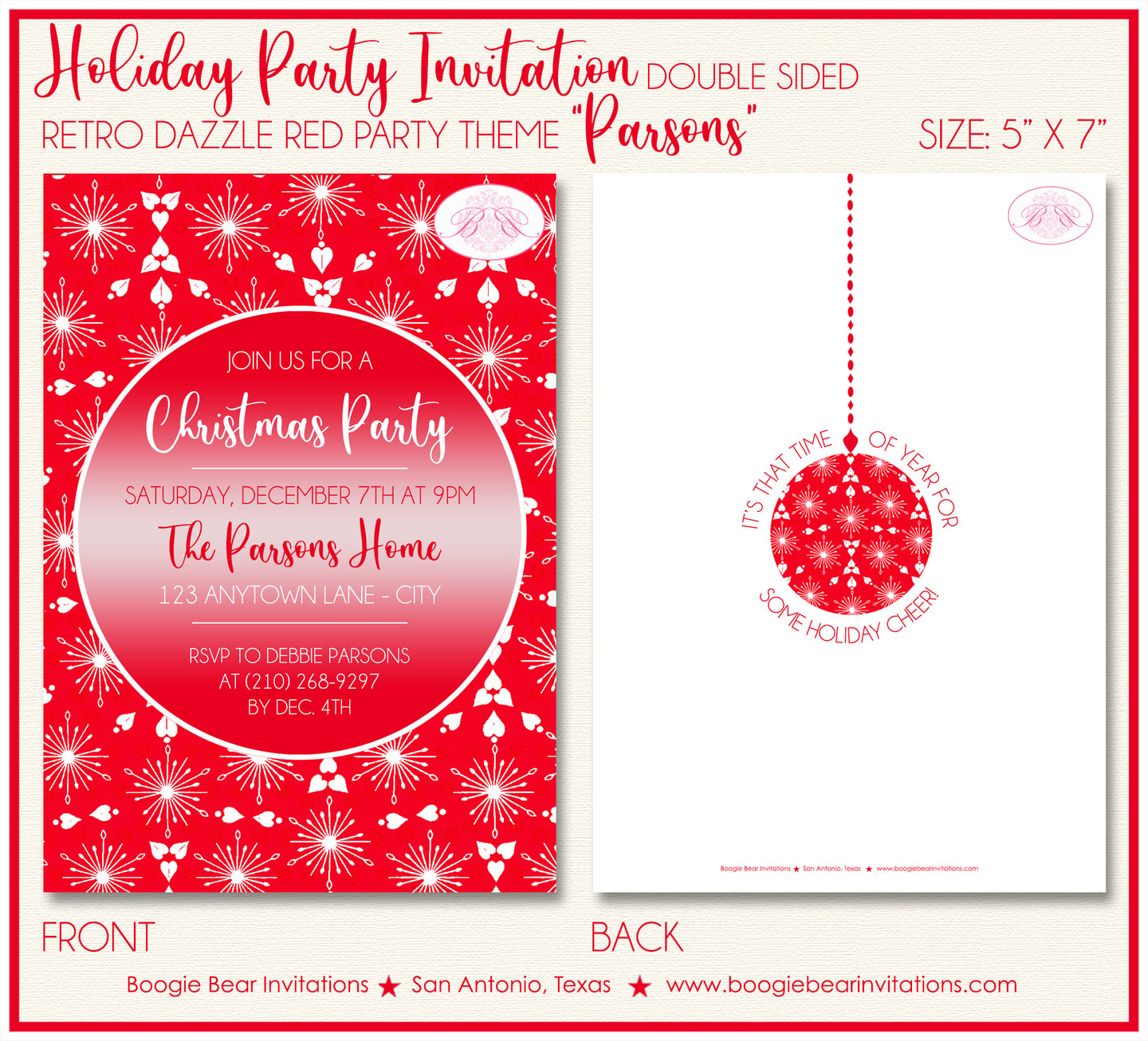 Retro Red Winter Holiday Party Invitation Ornament Dazzle Star Christmas Boogie Bear Invitations Parsons Theme Paperless Printable Printed