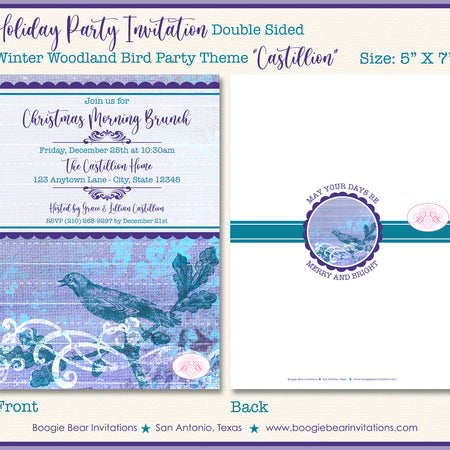 Winter Christmas Bird Party Invitation Woodland Animals Holiday Purple Boogie Bear Invitations Castillion Theme Paperless Printable Printed