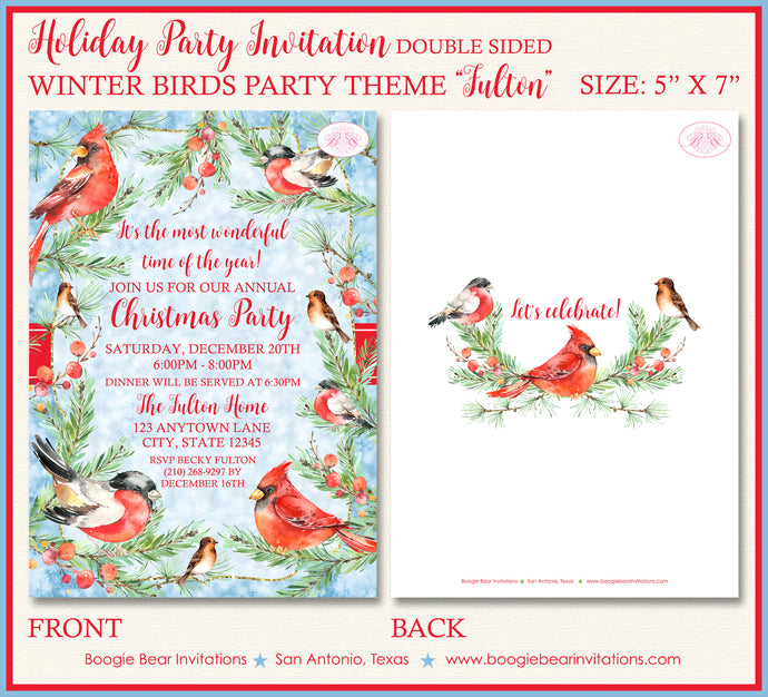 Red Cardinal Bird Christmas Party Invitation Green Winter Holiday Cheer 1st Boogie Bear Invitations Fulton Theme Paperless Printable Printed