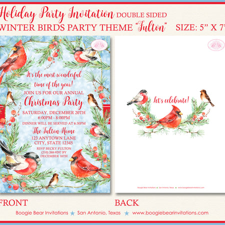 Red Cardinal Bird Christmas Party Invitation Green Winter Holiday Cheer 1st Boogie Bear Invitations Fulton Theme Paperless Printable Printed