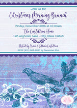 Load image into Gallery viewer, Winter Christmas Bird Party Invitation Woodland Animals Holiday Purple Boogie Bear Invitations Castillion Theme Paperless Printable Printed