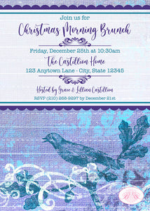 Winter Christmas Bird Party Invitation Woodland Animals Holiday Purple Boogie Bear Invitations Castillion Theme Paperless Printable Printed