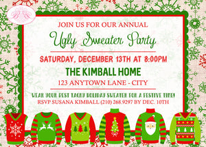 Ugly Sweater Christmas Party Invitation Contest Red Green White Knit Boogie Bear Invitations Kimball Theme Theme Paperless Printable Printed
