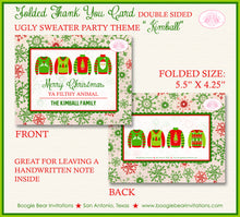 Load image into Gallery viewer, Ugly Sweater Party Thank You Cards Flat Folded Note Contest Red Green White Christmas Knit Boogie Bear Invitations Kimball Theme Printed