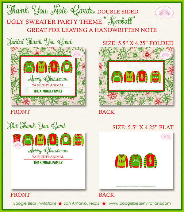 Ugly Sweater Party Thank You Cards Flat Folded Note Contest Red Green White Christmas Knit Boogie Bear Invitations Kimball Theme Printed