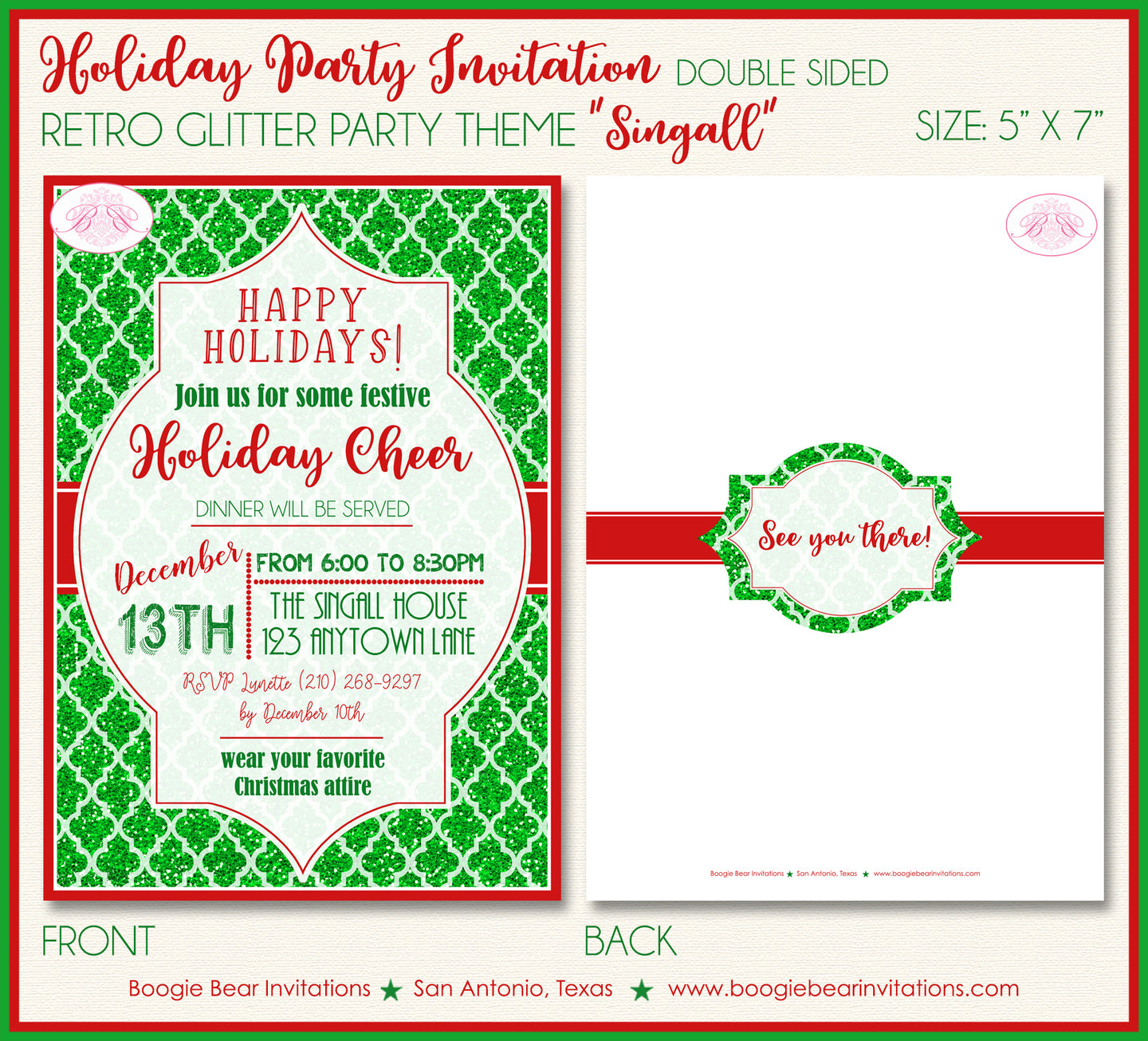 Retro Holiday Christmas Party Invitation Glitter Red Green Cheer Winter Boogie Bear Invitations Singall Theme Paperless Printable Printed