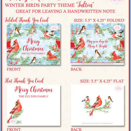 Red Cardinal Bird Party Thank You Cards Flat Folded Note Christmas Green Winter Holiday Cheer Boogie Bear Invitations Fulton Theme Printed