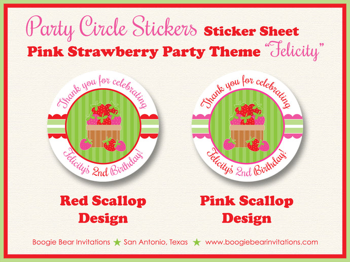 Strawberry Birthday Party Stickers Circle Sheet Round Pink Red Green Girl Strawberries Summer Picking Boogie Bear Invitations Felicity Theme