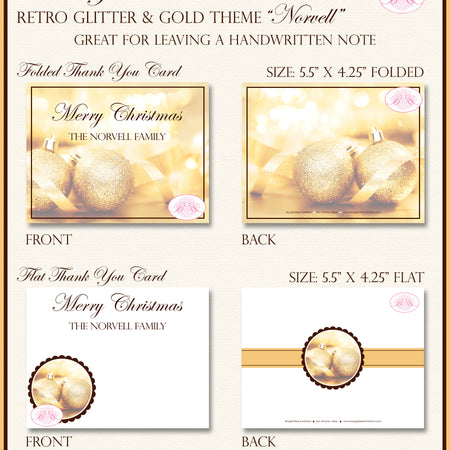 Holiday Christmas Party Thank You Cards Flat Folded Note Glitter Gold Ornament Boogie Bear Invitations Norvell Theme Printed