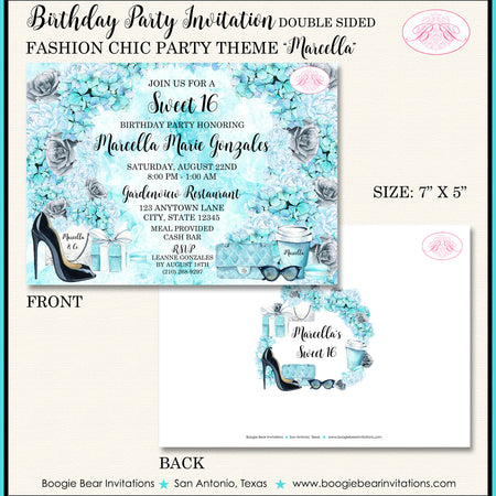Fashion Chic Blue Birthday Party Invitation Aqua Black Boogie Bear Invitations Marcella Theme Paperless Printable Printed