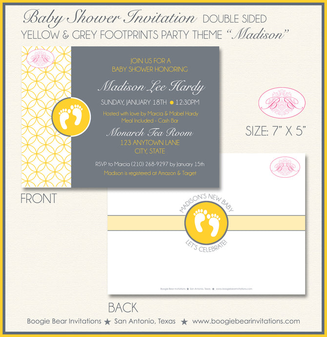 Yellow Grey Footprints Baby Shower Invitation Boogie Bear Invitations Madison Theme Paperless Printable Printed