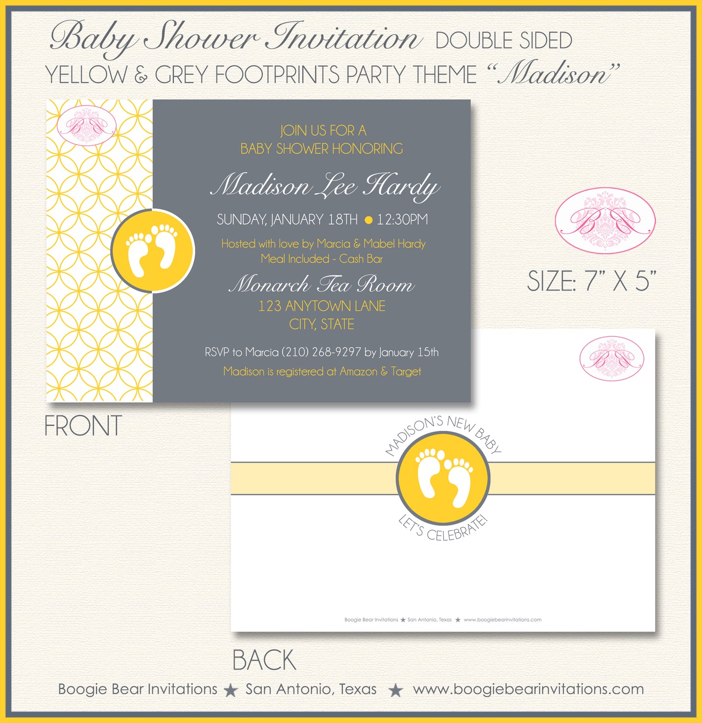 Yellow Grey Footprints Baby Shower Invitation Foot Print Boogie Bear Invitations Madison Theme Paperless Printable Printed