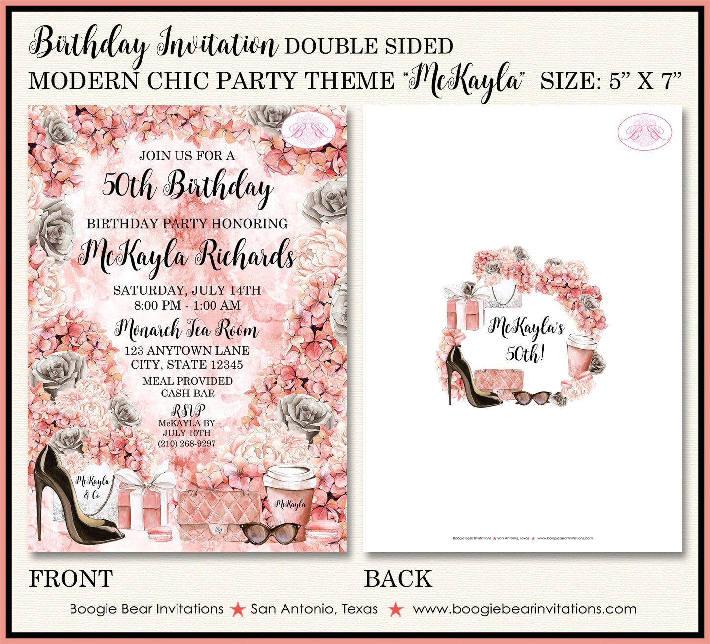 Fashionista Birthday Party Invitation Fashion Chic Black Coral Peach Rose Boogie Bear Invitations McKayla Theme Paperless Printable Printed