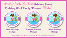 Load image into Gallery viewer, Fishing Girl Birthday Party Stickers Circle Sheet Round Pink Purple Blue Green Frog Fish Splash Swimming Boogie Bear Invitations Vada Theme