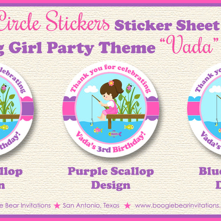Fishing Girl Birthday Party Stickers Circle Sheet Round Pink Purple Blue Green Frog Fish Splash Swimming Boogie Bear Invitations Vada Theme