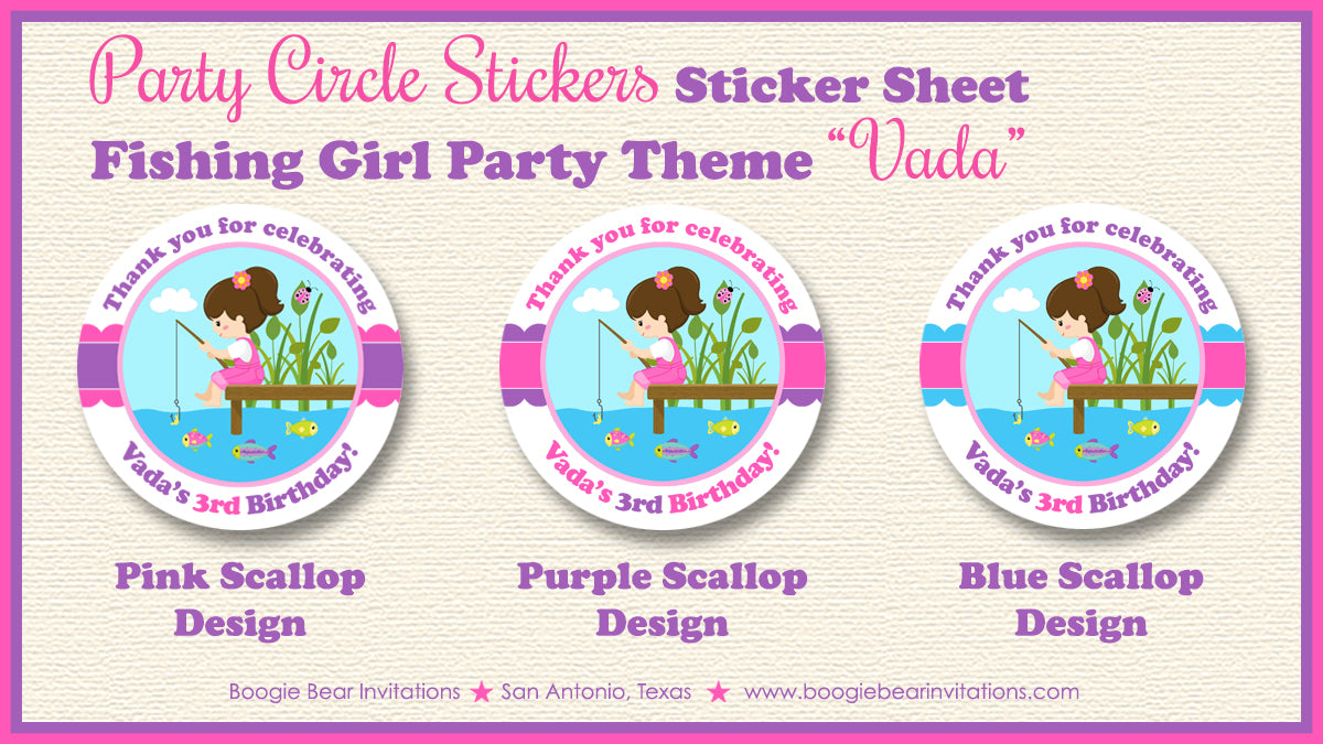Fishing Girl Birthday Party Stickers Circle Sheet Round Pink Purple Blue Green Frog Fish Splash Swimming Boogie Bear Invitations Vada Theme