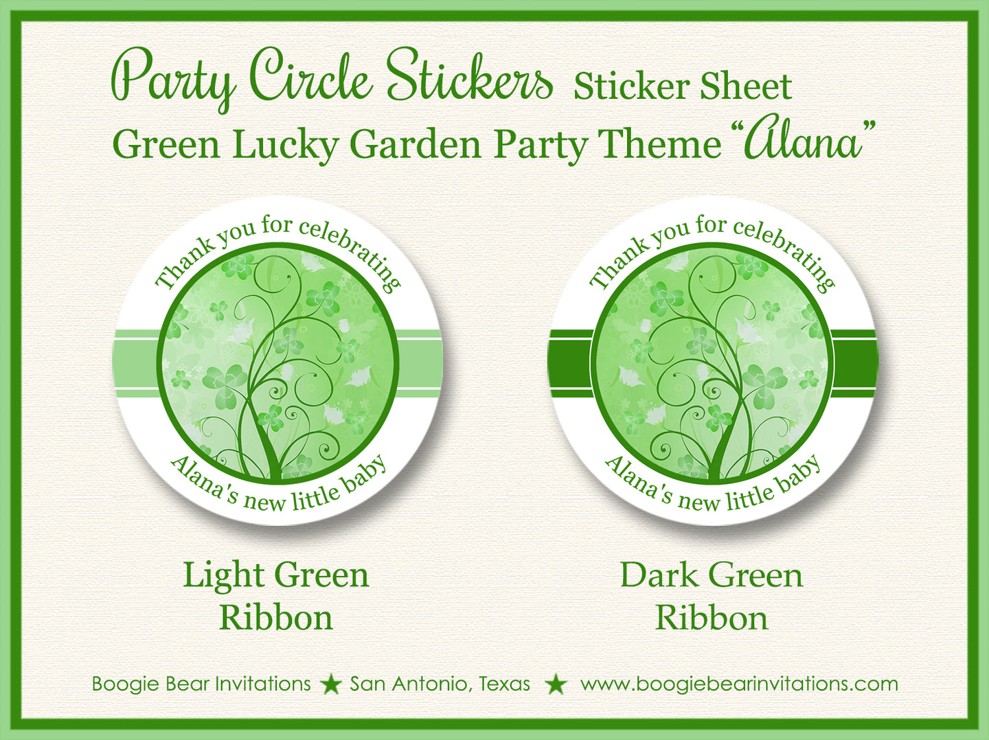 Green Shamrock Garden Baby Shower Party Stickers Boogie Bear Invitations Alana Theme