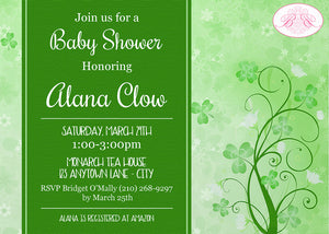 Green Shamrock Garden Baby Shower Party Invitation Boogie Bear Invitations Alana Theme Paperless Printable Printed