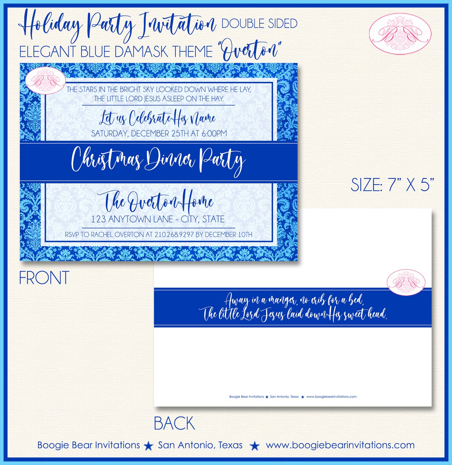 Blue Christmas Dinner Party Invitation Damask Dinner Birthday Baby Jesus Boogie Bear Invitations Overton Theme Paperless Printable Printed