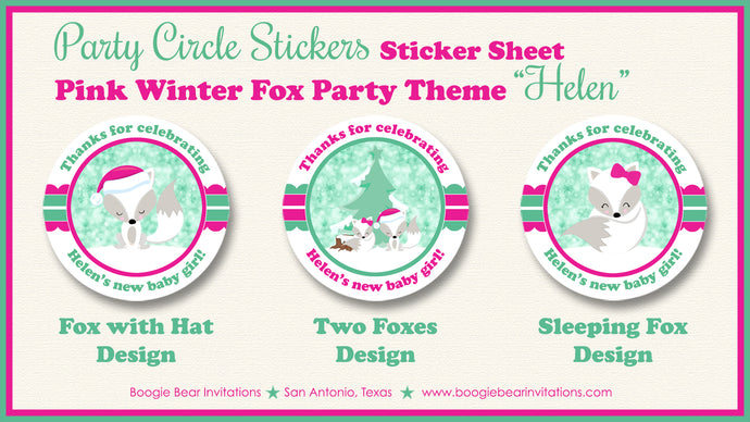 Pink Winter Fox Party Stickers Circle Baby Shower Sheet Round Christmas Girl Boogie Bear Invitations Helen Theme