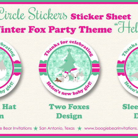Pink Winter Fox Party Stickers Circle Baby Shower Sheet Round Christmas Girl Boogie Bear Invitations Helen Theme