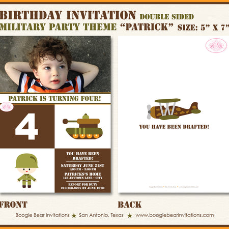 Military Birthday Party Invitation Photo Soldier Boogie Bear Invitations Patrick Theme Paperless Printable Printed