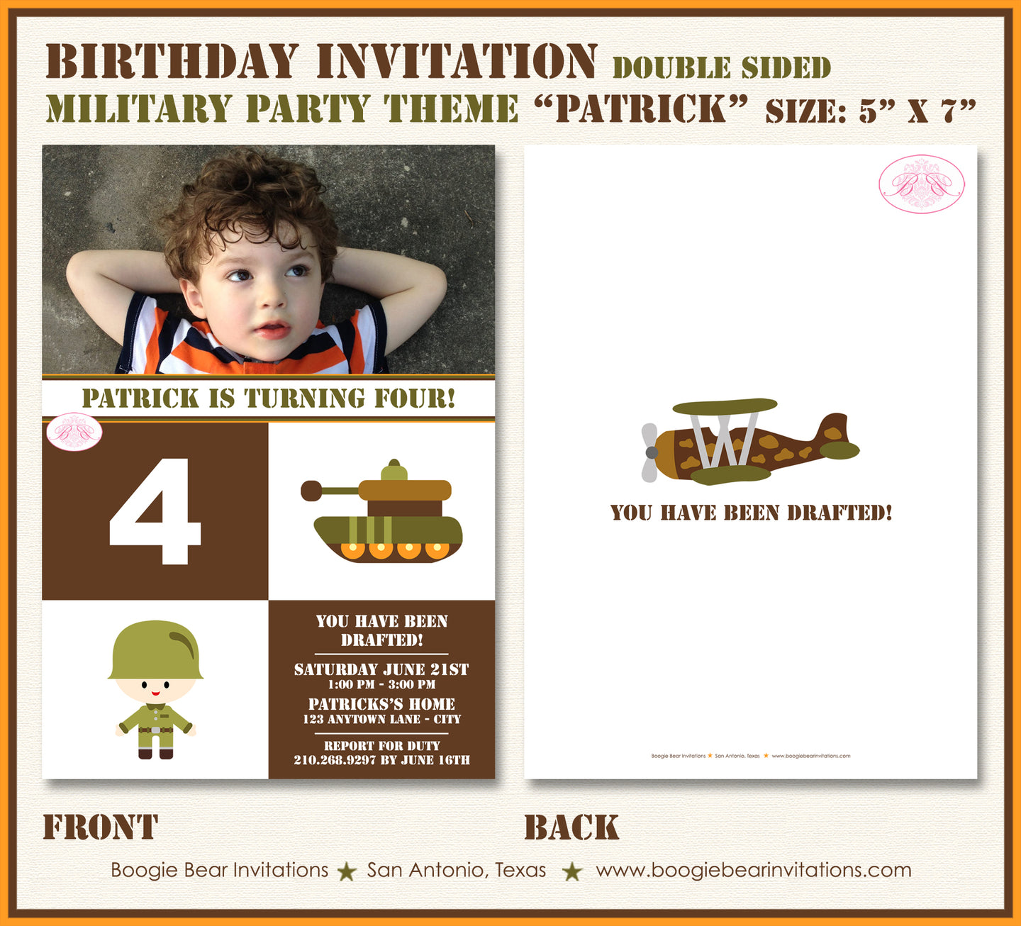 Military Birthday Party Invitation Photo Soldier Boogie Bear Invitations Patrick Theme Paperless Printable Printed