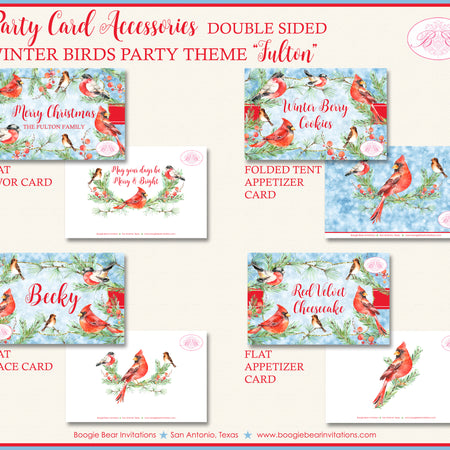 Red Cardinal Bird Party Favor Card Tent Appetizer Place Food Label Christmas Green Winter Holiday Cheer Boogie Bear Invitations Fulton Theme