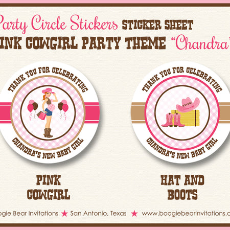 Pink Cowgirl Baby Shower Party Stickers Girl Boogie Bear Invitations Chandra Theme