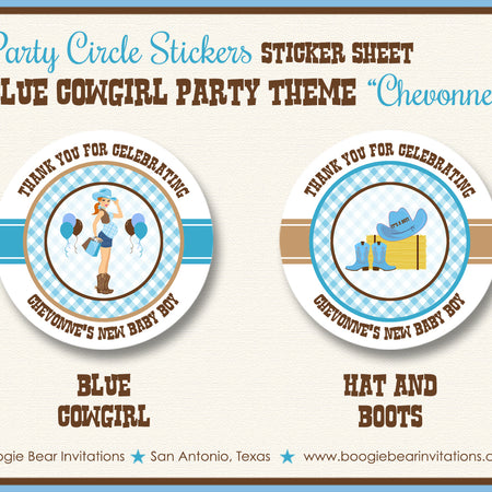 Blue Cowgirl Baby Shower Party Stickers Boy Cowboy Boogie Bear Invitations Chevonne Theme