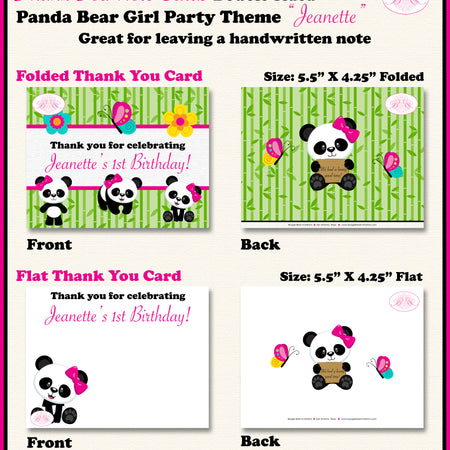 Pink Panda Bear Birthday Party Thank You Card Girl Boogie Bear Invitations Jeanette Theme Printed