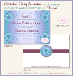 Elegant Flowers  Birthday Party Invitation Girl Purple Boogie Bear Invitations Eleanor Theme Paperless Printable Printed