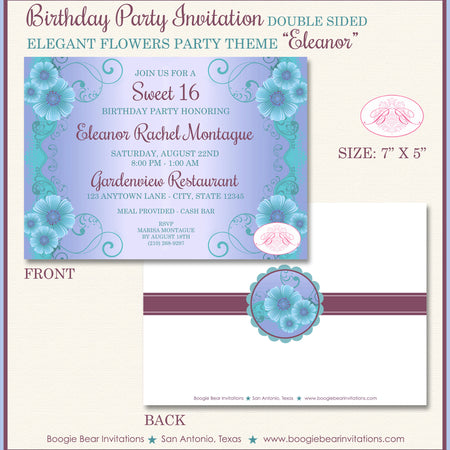 Elegant Flowers  Birthday Party Invitation Girl Purple Boogie Bear Invitations Eleanor Theme Paperless Printable Printed