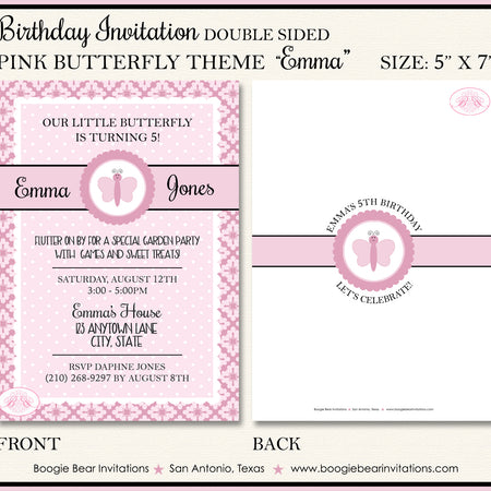 Pink Butterfly Birthday Party Invitation Girl Boogie Bear Invitations Emma Theme Paperless Printable Printed