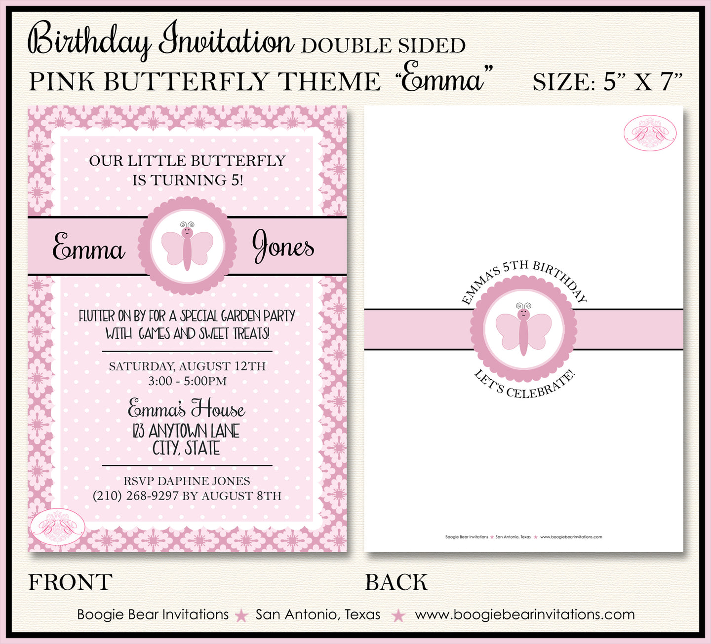 Pink Butterfly Birthday Party Invitation Girl Boogie Bear Invitations Emma Theme Paperless Printable Printed