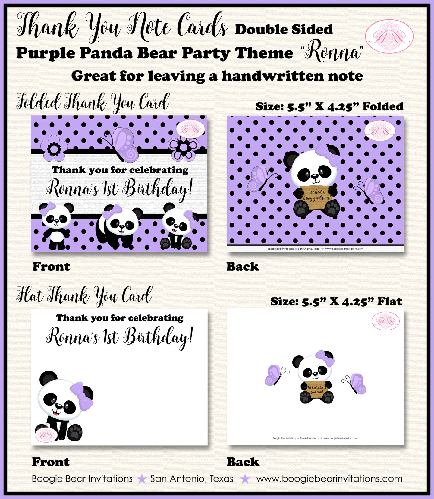 Panda Bear Birthday Party Thank You Card Girl Lavender Purple Boogie Bear Invitations Ronna Theme