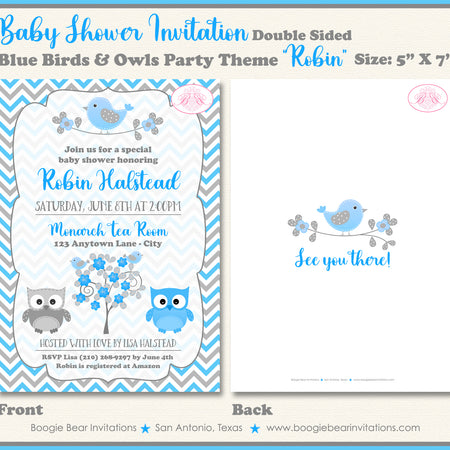 Blue Birds Owls Baby Shower Invitation Party Boogie Bear Invitations Robin Theme Paperless Printable Printed
