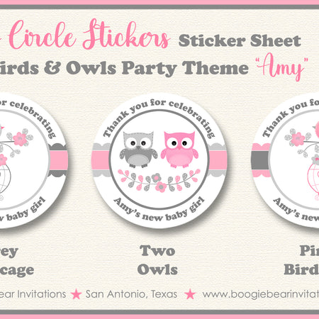 Pink Birds Owls Party Stickers Baby Shower Boogie Bear Invitations Amy Theme