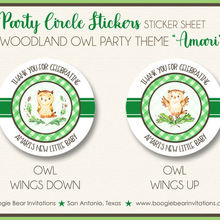 Woodland Owl Party Circle Stickers Baby Shower Boogie Bear Invitations Amari Theme