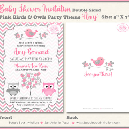 Pink Owls Baby Shower Invitation Girl Birds Boogie Bear Invitations Amy Theme Paperless Printable Printed