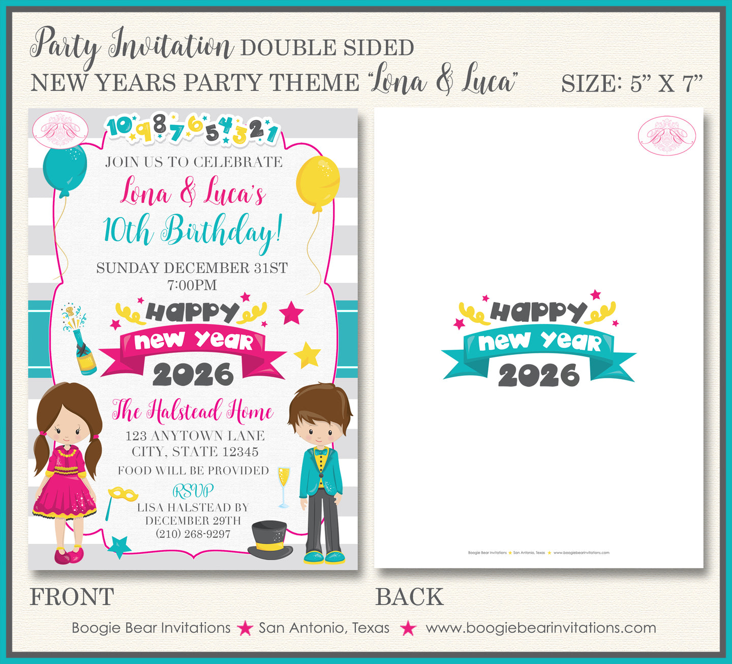 Happy New Years Birthday Party Invitation Boogie Bear Invitations Lona Luca Theme Paperless Printable Printed