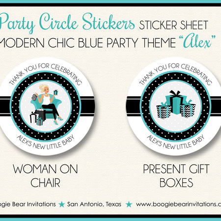 Modern Chic Blue Baby Shower Party Stickers Boogie Bear Invitations Alex Theme