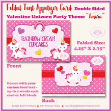 Load image into Gallery viewer, Valentine Unicorn Birthday Party Favor Card Appetizer Food Folded Tent Pink Boogie Bear Invitations Amara Theme Printed