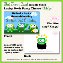 Load image into Gallery viewer, St. Patricks Owls Birthday Party Favor Card Tent Food Place Folded Appetizer Shamrock Clover Boogie Bear Invitations Ashlyn Theme